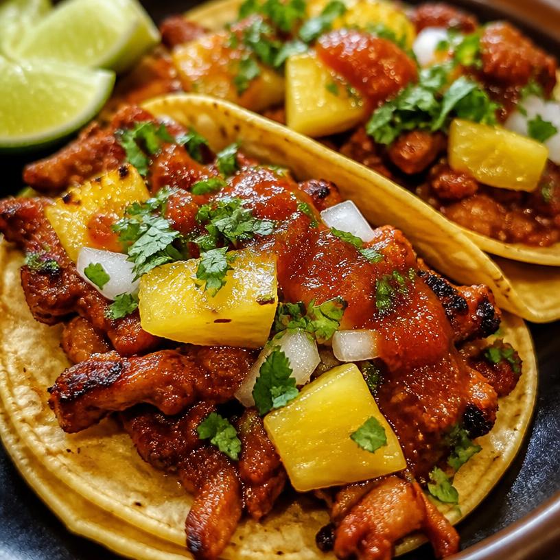 Al pastor tacos with pineapple and red salsa