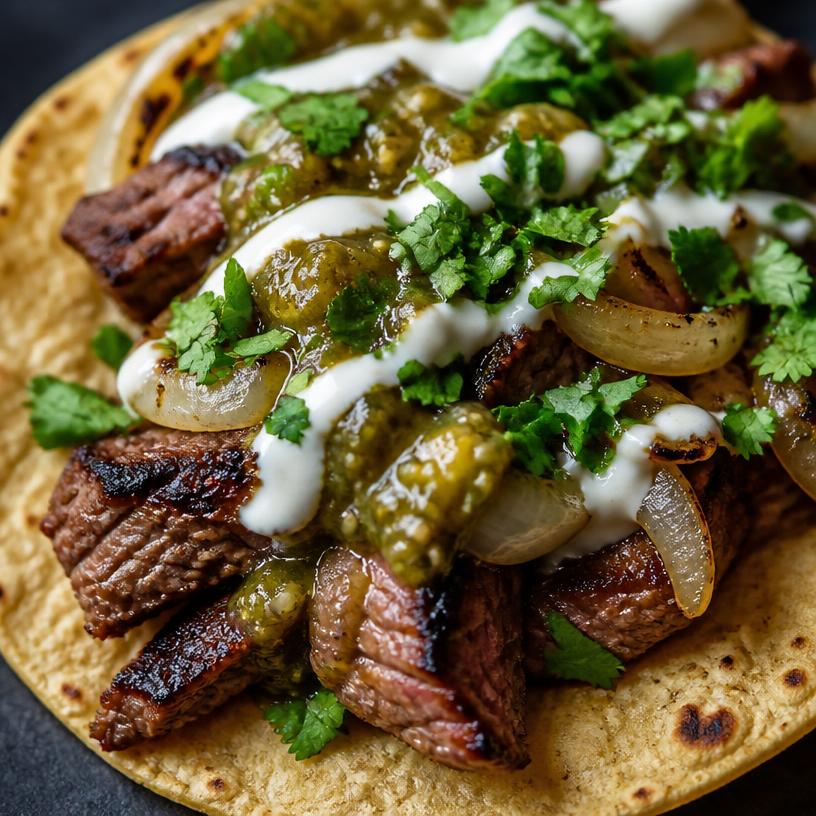 Carne asada taco with grilled steak and salsa verde