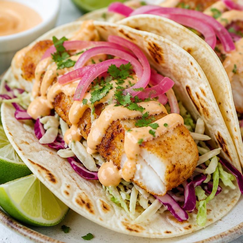 Fish tacos with chipotle crema and pickled onion